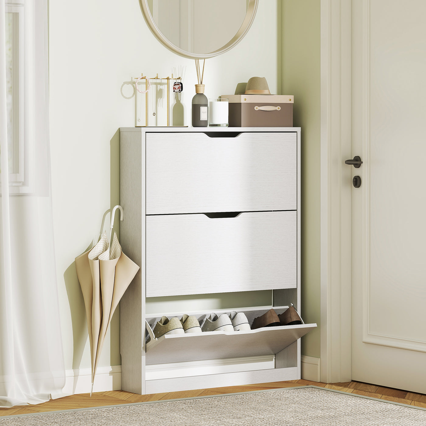 Narrow Shoe Storage Cabinet, Shoe Cabinet with 3 Flip Drawers, 31.5" W x 6.7" D x 42.5" H, White