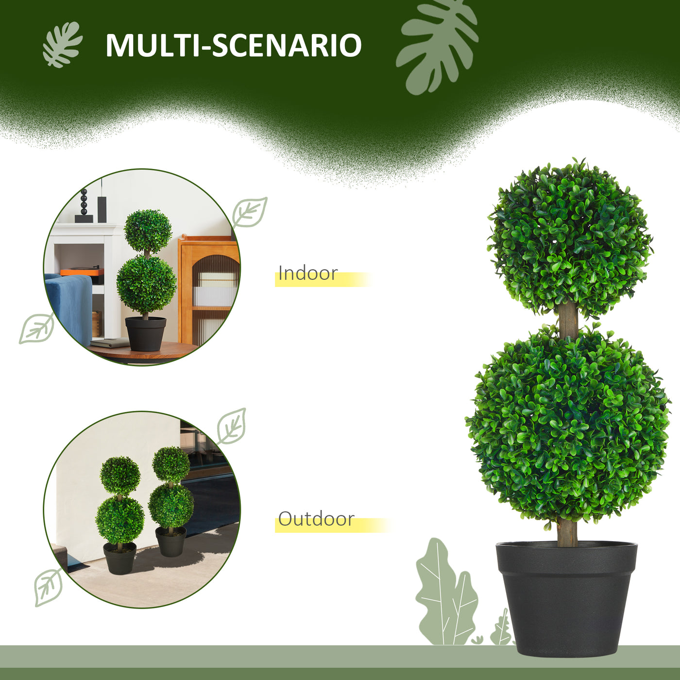 Artificial Boxwood Topiary Tree Set of 2, Faux Boxwood Ball Trees in Pot, Fake Plant for Indoor Outdoor Decor, Green