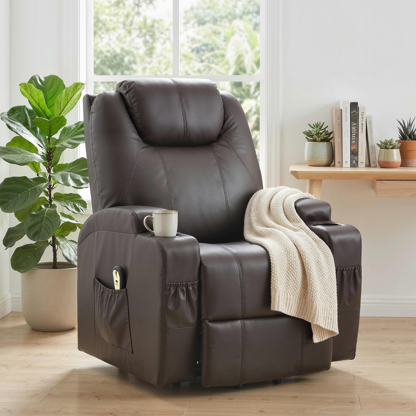 Power Lift Recliner Chair for Elderly, PU Leather Lift Chair with Thick and High Back, Footrest, Remote, Side Pockets, Cup Holders, Reclining Sofa for Living Room, Brown