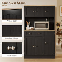68" Pantry Cabinet with Charging Station, Kitchen Storage Cabinet with Microwave Stand, 4 Door Racks, Black
