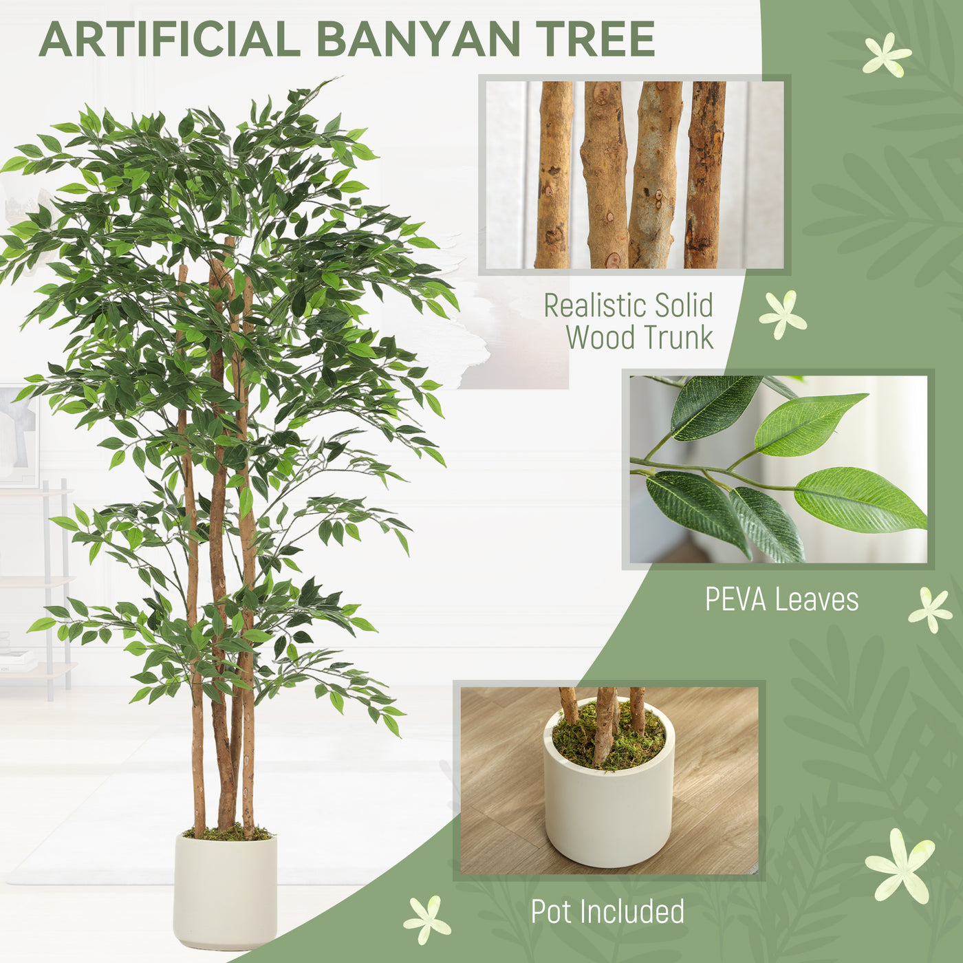 6FT Artificial Banyan Tree Set of 2, Fake Potted Tree with Solid Wood Trunk and Pot for Indoor