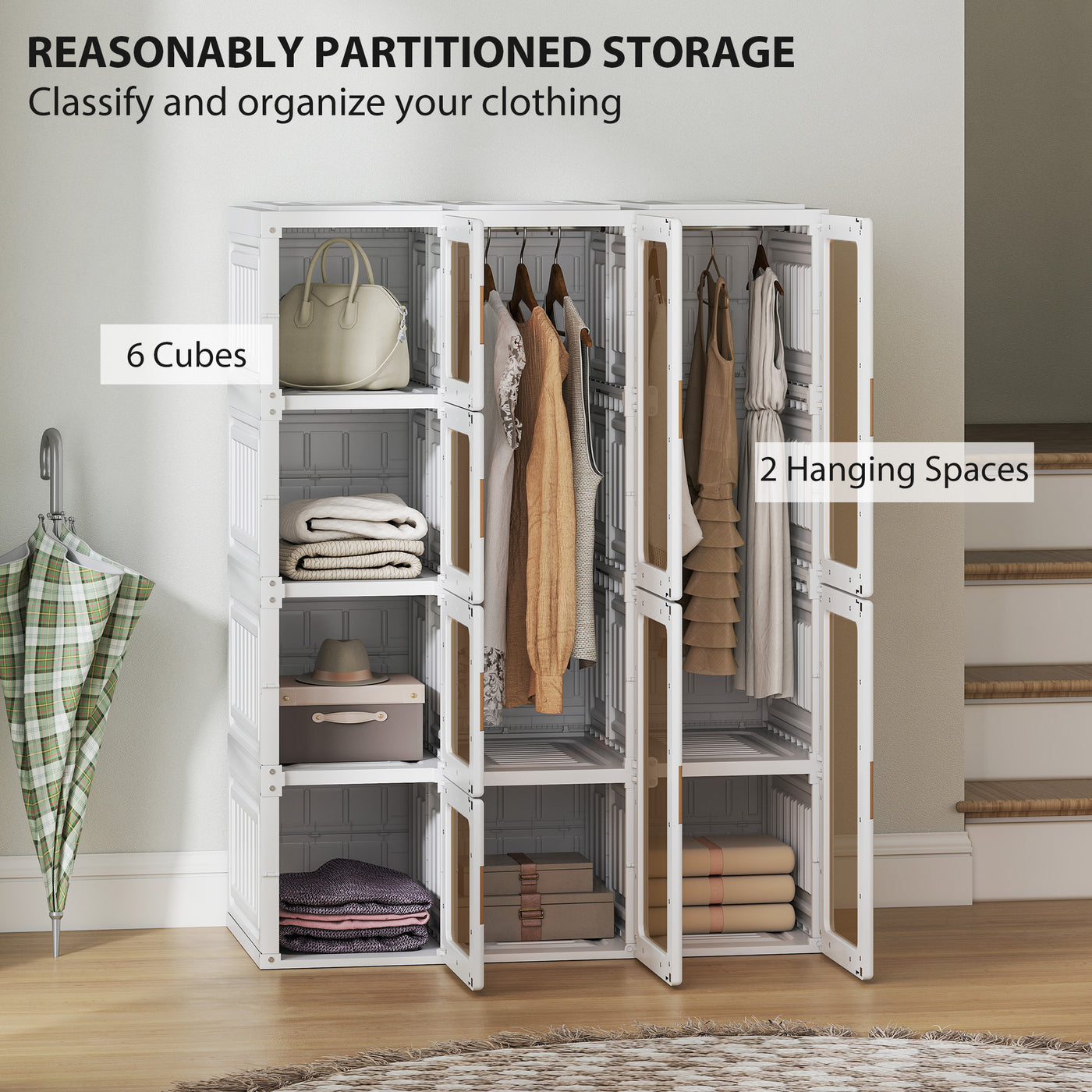 Portable Wardrobe, Foldable Plastic Closet with 8 Compartments, 2 Hanging Rods and Magnetic Clear Doors, Brown