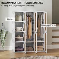 Portable Wardrobe, Foldable Plastic Closet with 8 Compartments, 2 Hanging Rods and Magnetic Clear Doors, Brown