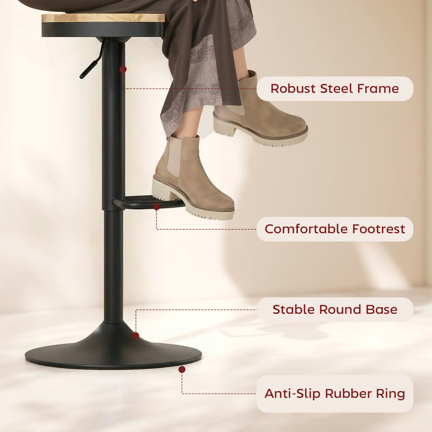 Wood Barstools Set of 2, Swivel Bar Stools with Adjustable Height for Kitchen Counter, Natural Wood and Black