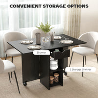 Folding Dining Table with Storage, Drop Leaf Kitchen Table with Drawer and Shelves for Small Spaces, Black