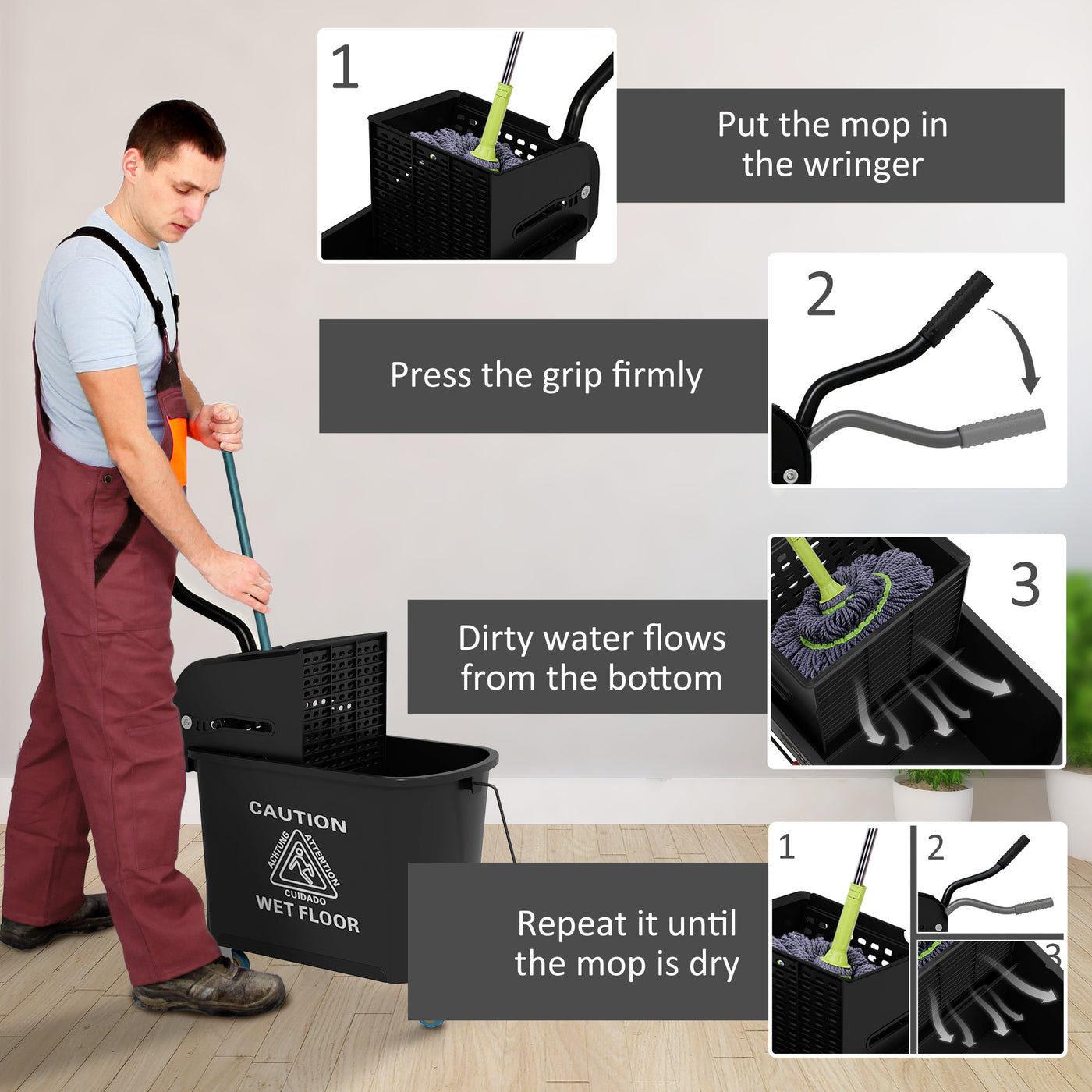 Compact Mop Bucket with Wringer, Mop Bucket on Wheels, 5 Gallon, Separate Dirty and Clean Water, Black