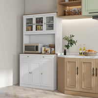 71" Pantry Cabinet with Microwave Space, Buffet with Hutch, 2 Drawers, Adjustable Shelves and Glass Doors, White