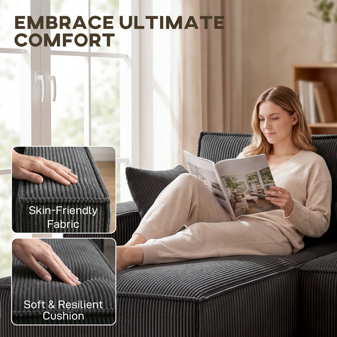 Modular U Shaped Couch, Sectional Sofa with Double Chaises and Spring Cushions, Dark Grey