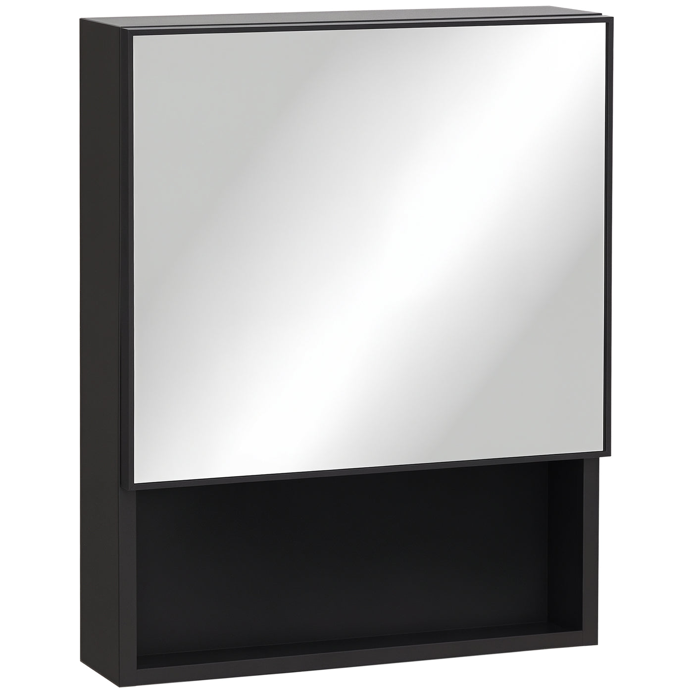 Bathroom Medicine Cabinet, Wall-Mounted Mirror Cabinet with Single Door, Storage Shelves and Stainless Steel Frame for Laundry Room, Black