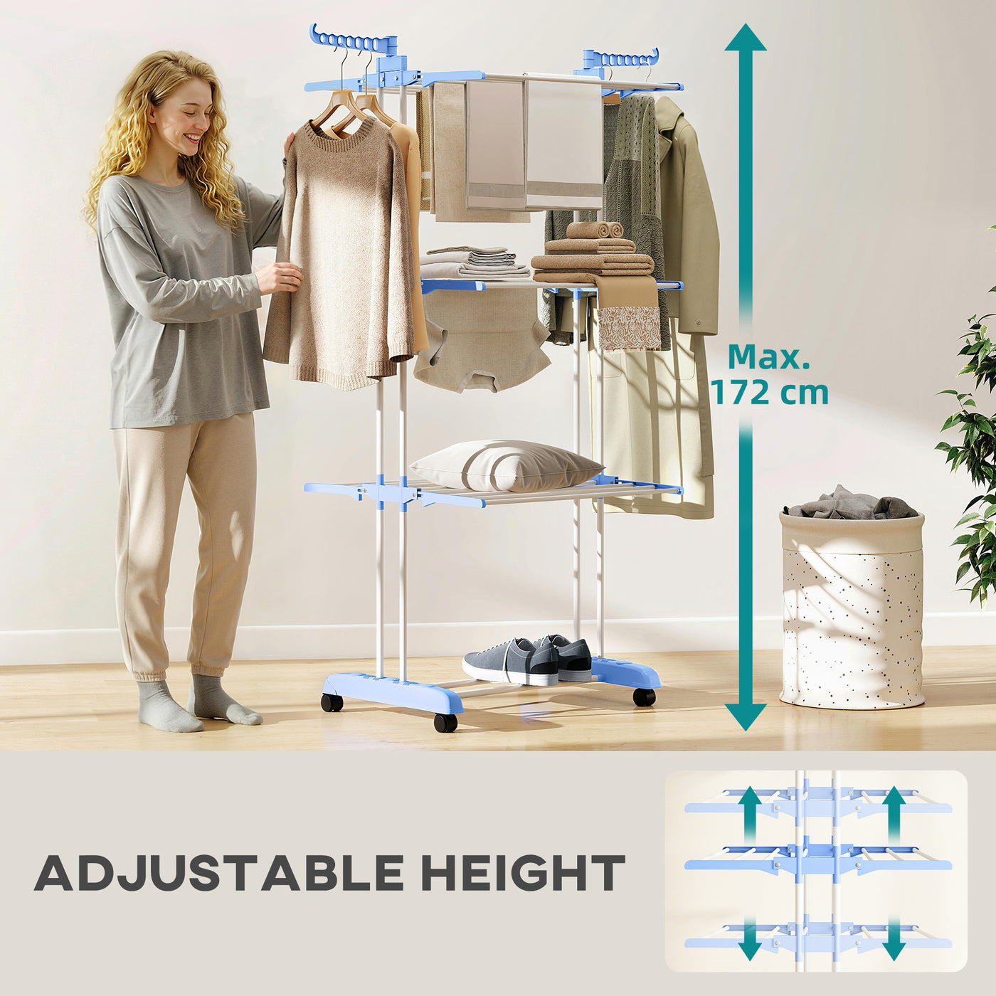 Foldable Clothes Drying Rack, 4-Tier Steel Laundry Rack for Drying Clothes with 2 Side Wings and 4 Castors, Indoor and Outdoor Use, Blue