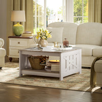 31.5" Square Coffee Table, Farmhouse 2-Tier Center Table for Living Room, Distressed Oak and Brown