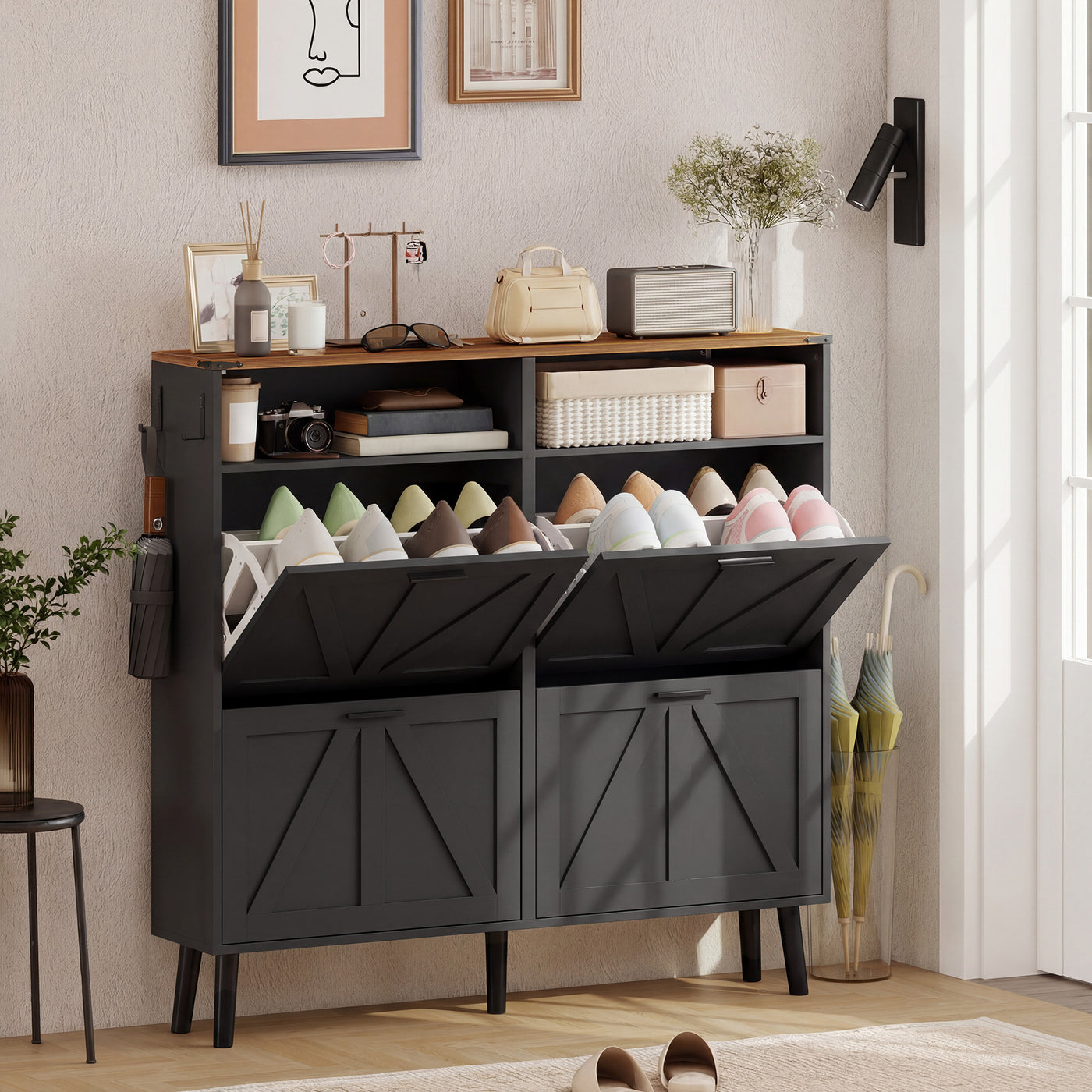 Shoe Storage Cabinet with 4 Flip Drawers, Farmhouse Narrow Shoe Cabinet, Holds Up to 24 Pairs, Black