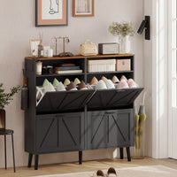 Shoe Storage Cabinet with 4 Flip Drawers, Farmhouse Narrow Shoe Cabinet, Holds Up to 24 Pairs, Black