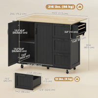 Kitchen Island with Drop Leaf, Rolling Kitchen Cart with Power Outlet, Cabinet, 3 Drawers, Spice Rack, Towel Bar, Black