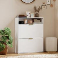 Shoe Cabinet with 2 Flip Drawers Narrow Shoe Storage Cabinet with Top Shelf for Entryway Hallway White