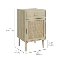 Boho Bedside Tables Set of 2, Nightstands with Drawer, Rattan Cabinet, Adjustable Shelf for Bedroom, Living Room, Oak