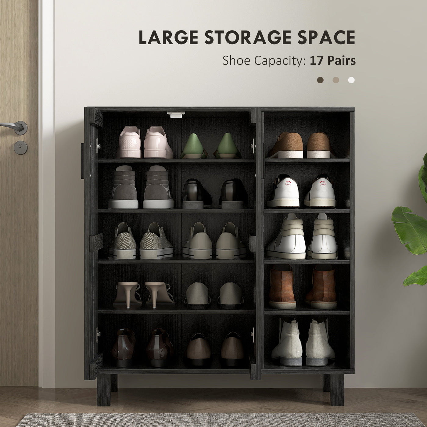 Shoe Storage with Double Doors and Open Shelves 17 Pair Shoe Storage Organizer for Entryway Hallway Black