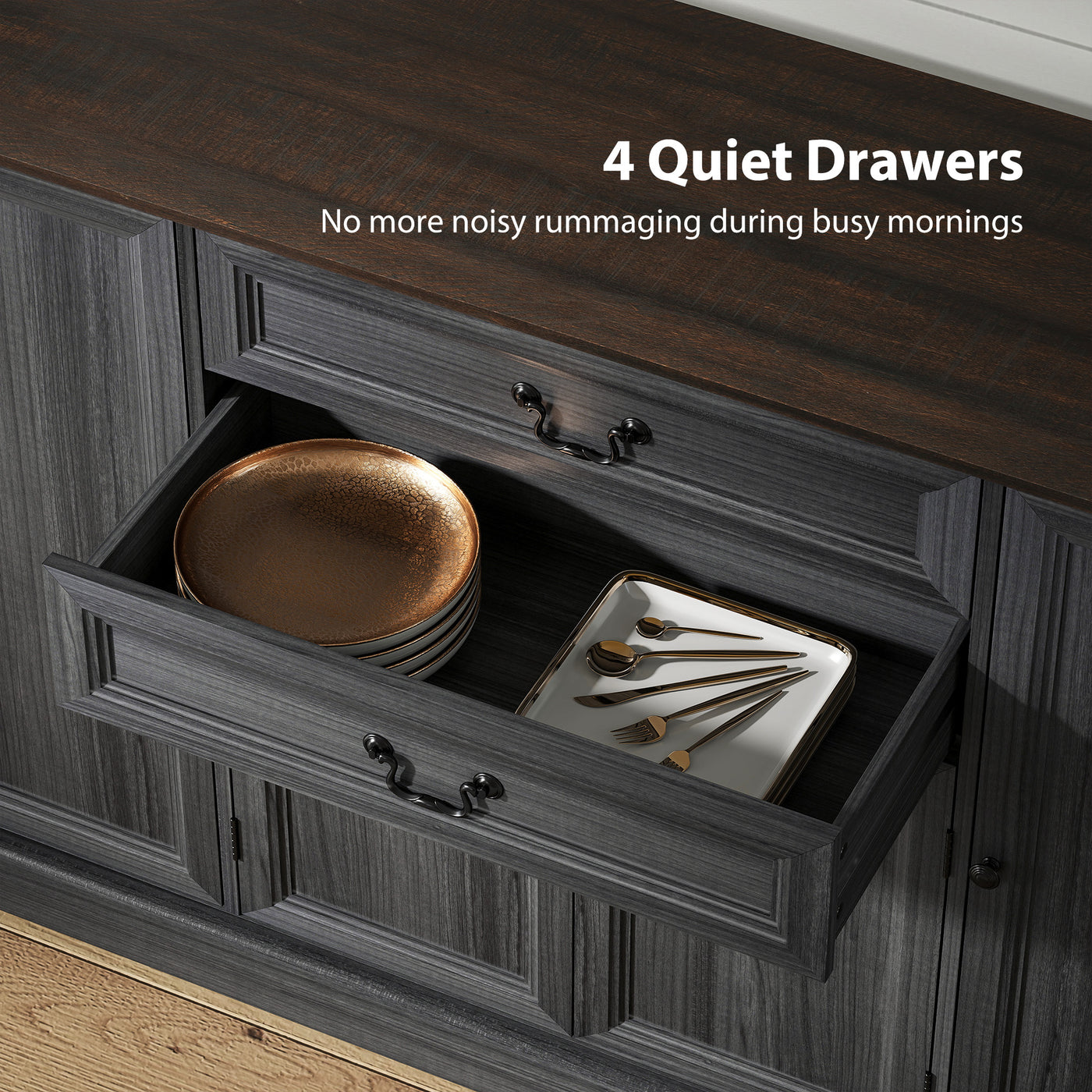 Farmhouse Sideboard with Charging Station and Thickened Top, 58" Buffet Cabinet with 2 Soft-Close Drawers, Black