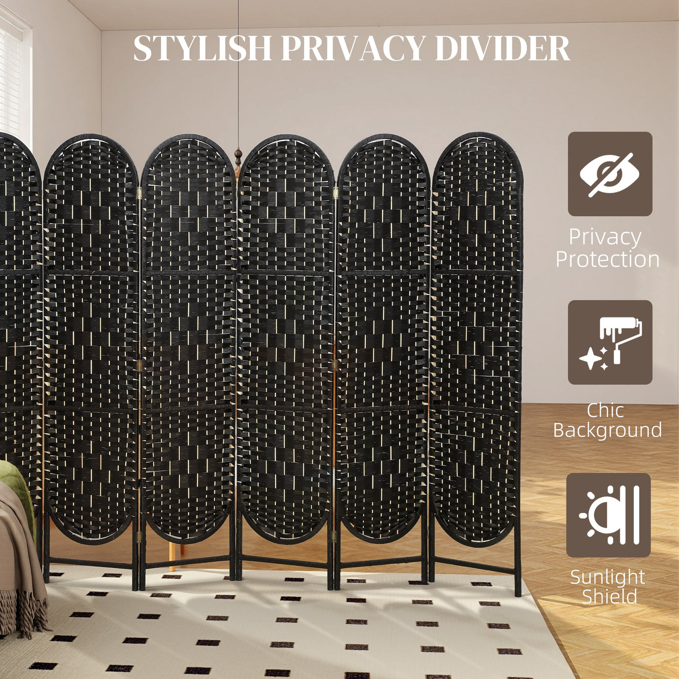Bohemian Privacy Screen, Folding Room Divider with 6 Panels and Arched Top for Bedroom Living Room Office, Black