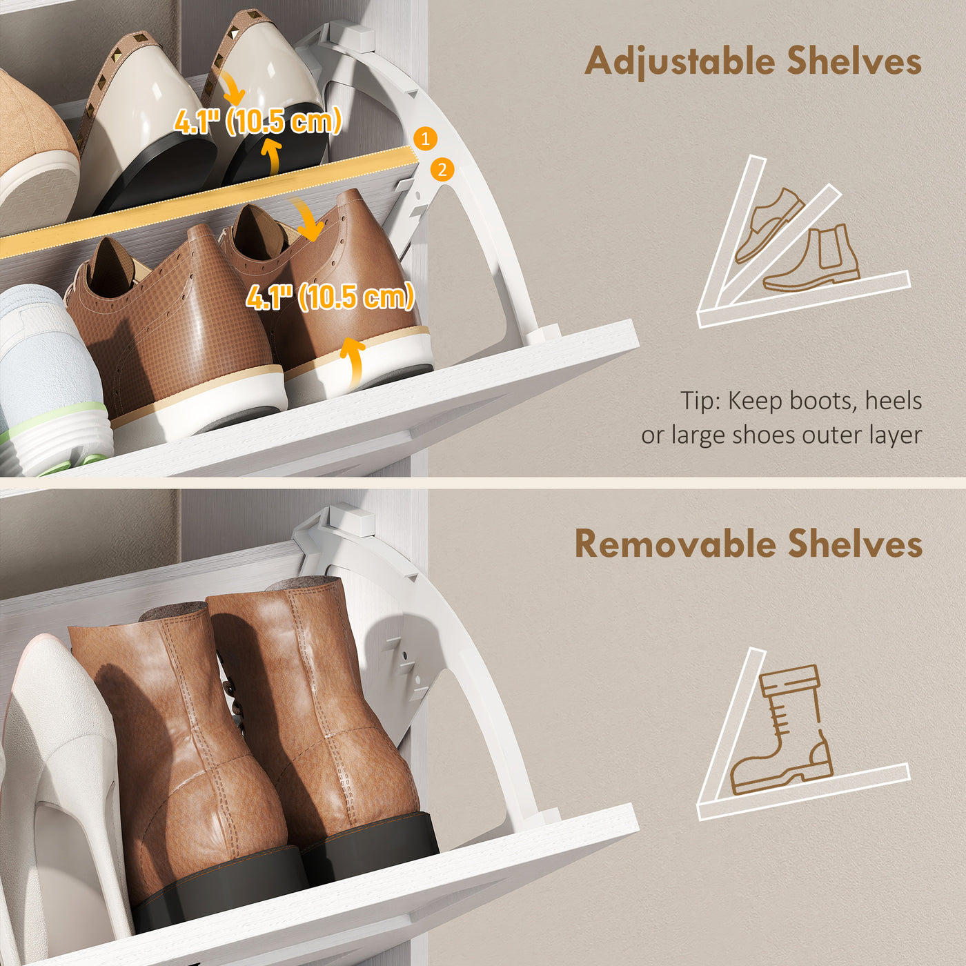 Shoe Cabinet with 2 Flip Drawers, Narrow Shoe Storage Cabinet, White