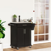 Kitchen Island with Stainless Steel Top, Rolling Kitchen Cart on Wheels with Storage Drawer, Cabinet, Towel Rack and Spice Rack (Black)