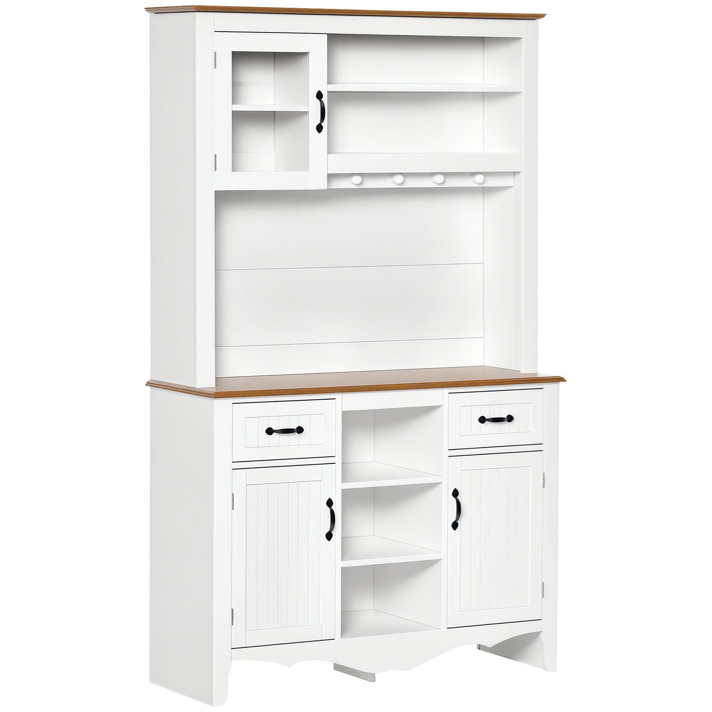 71" Kitchen Buffet with Hutch, Farmhouse Style Storage Cupboard with Utility Drawer, 3 Door Cabinets and 5-tier Shelves, White