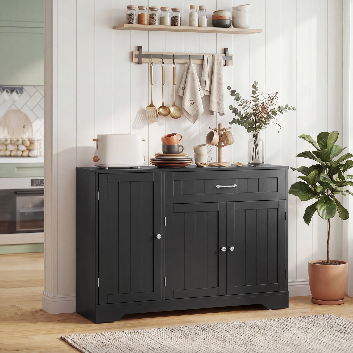 44" Modern Kitchen Storage Cabinet with Drawer, Adjustable Shelves, Small Kitchen Pantry with Door Racks, Black
