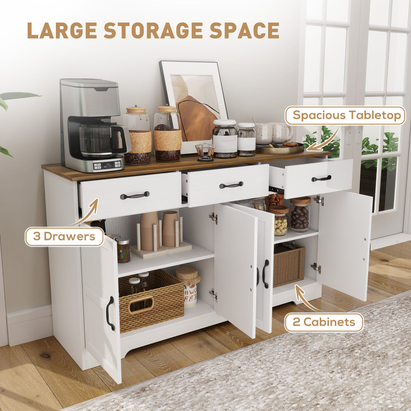 Sideboard Buffet Cabinet with Storage, Modern Coffee Bar Cabinet with 3 Drawers and Adjustable Shelves, Distressed White