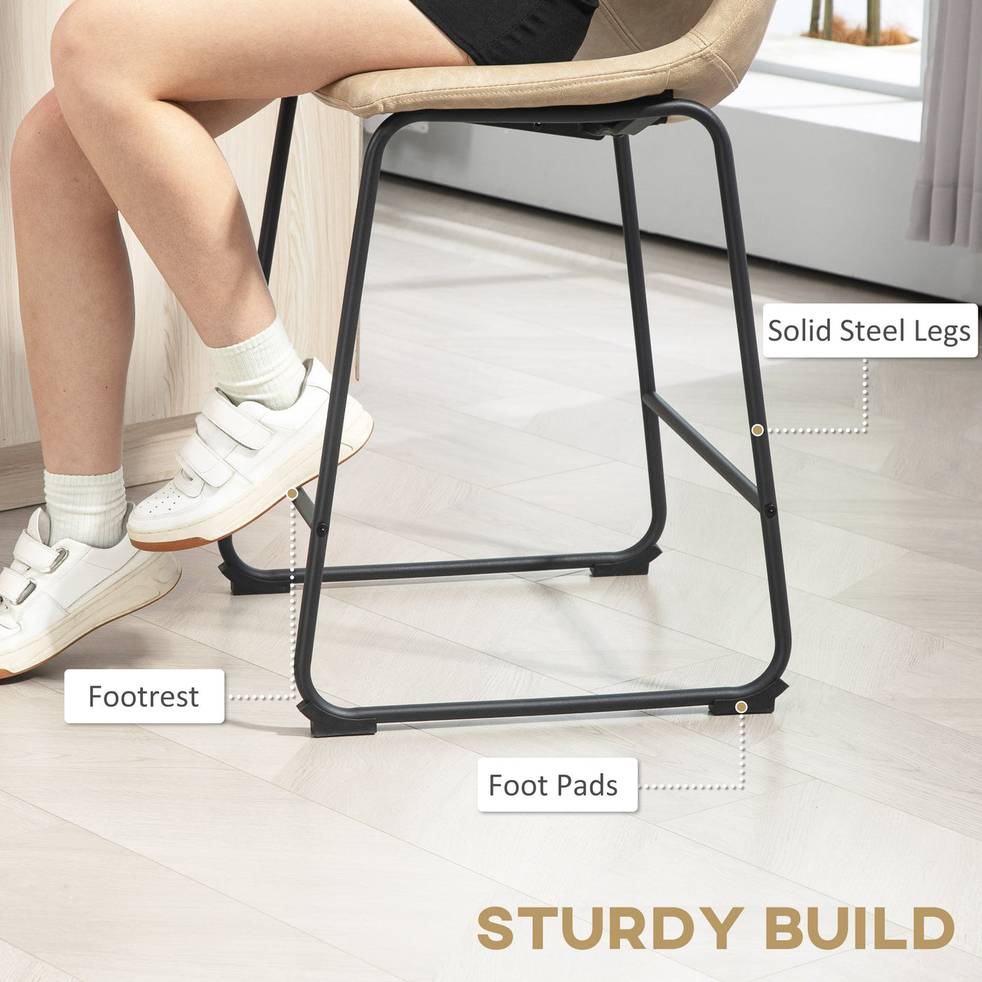 Counter Height Bar Stools Set of 2, Vintage PU Leather Bar Chairs, Kitchen Stool with Footrest, Beige