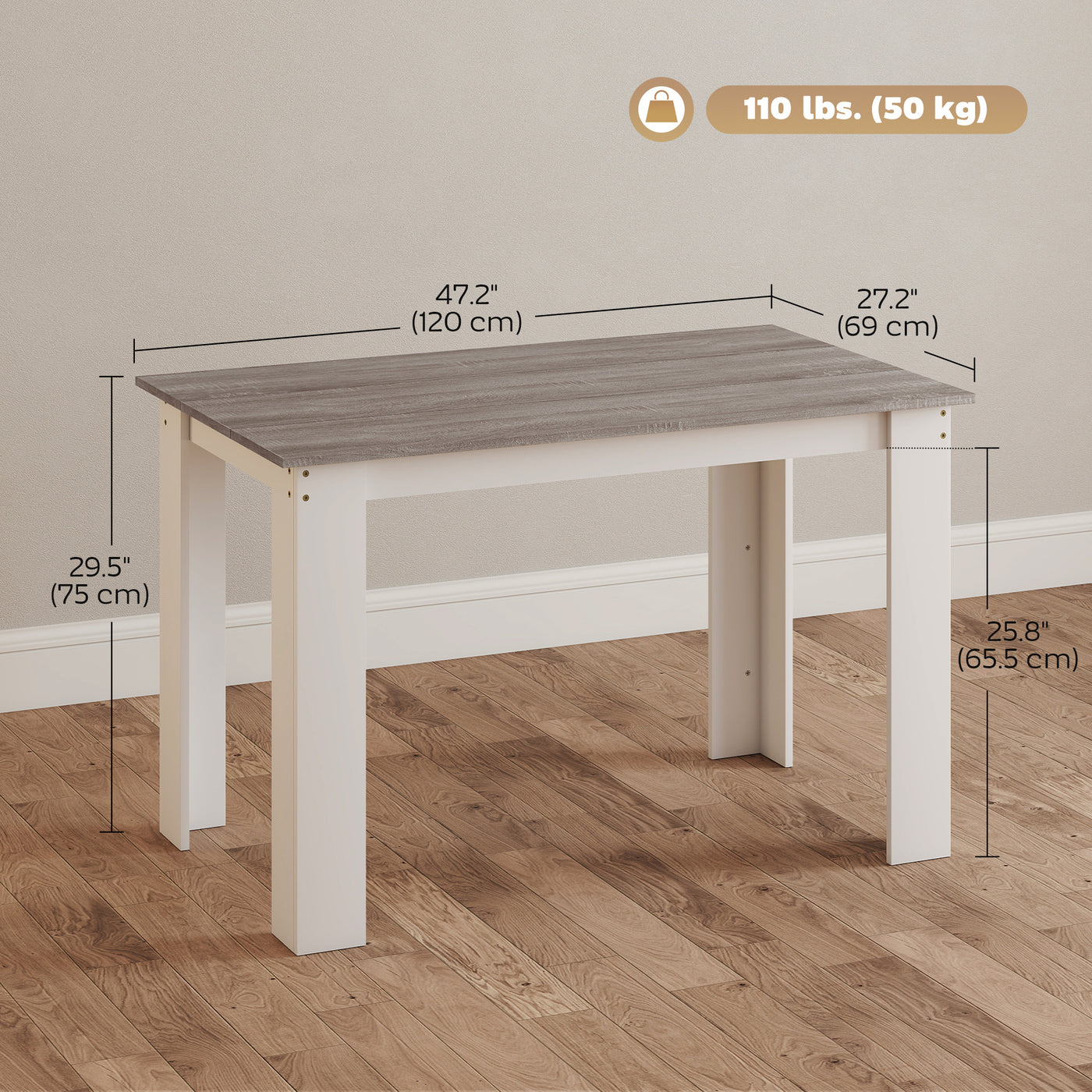 47" Kitchen Table for 4-6 People, Dining Table with Wood Effect for Dining Room, Grey