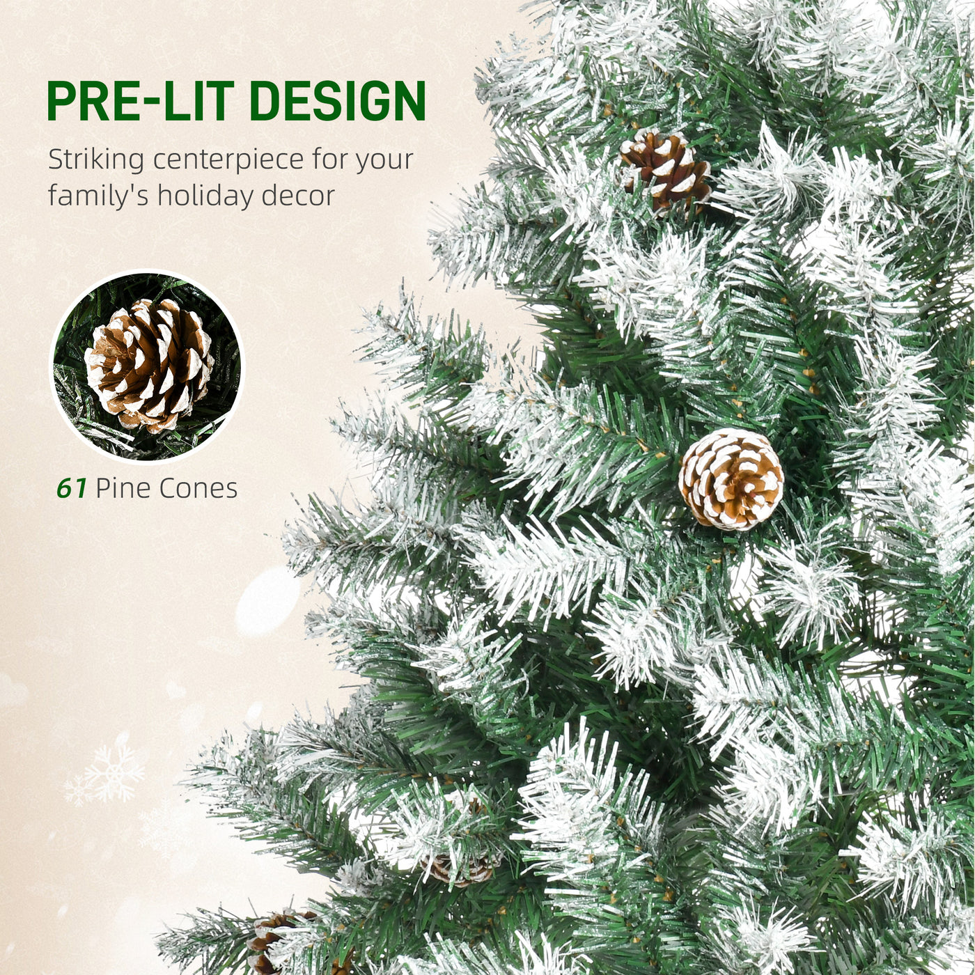 6ft Snow Flocked Artificial Christmas Tree, Unlit Full Fir Tree with Automatic Open, 800 Realistic Branches and 61 Pine Cones