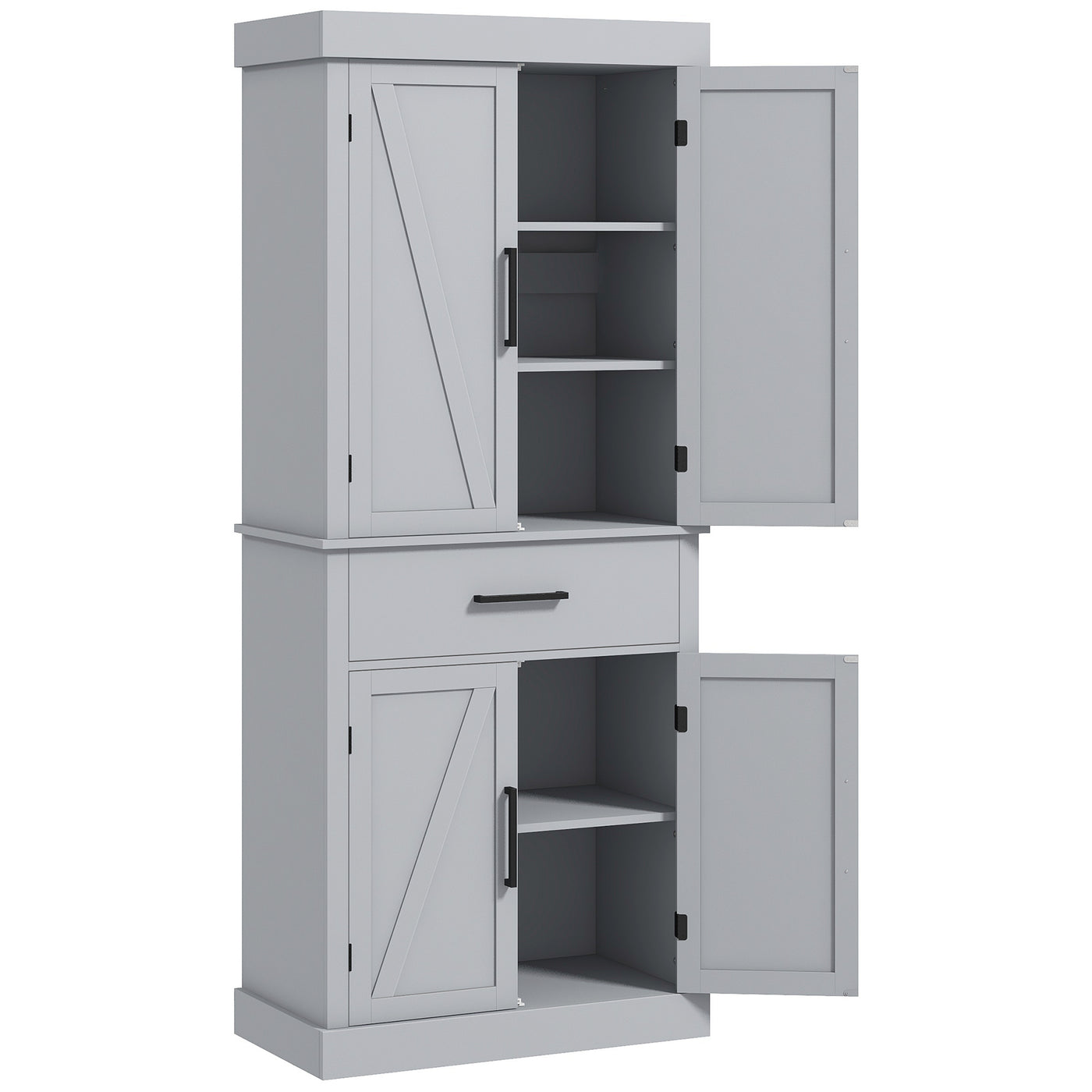72" Farmhouse Kitchen Cabinet, Kitchen Pantry Cabinet with 4 Barn Doors, Drawer, Adjustable Shelves, Grey