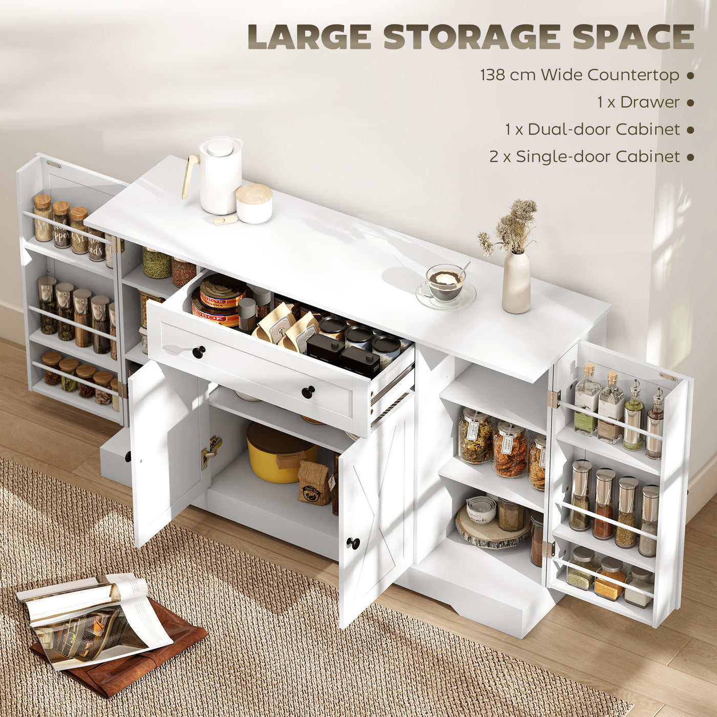 Sideboard Buffet Cabinet, Farmhouse Coffee Bar Cabinet with Door Shelves, Adjustable Shelves, Drawer, Barn Doors, White
