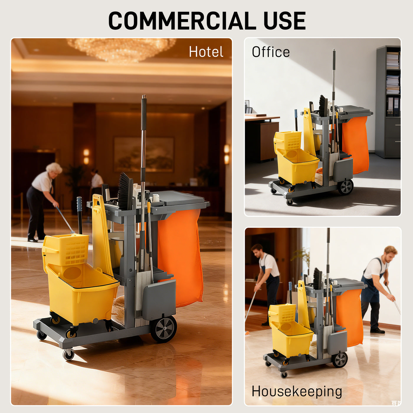 Commercial Janitorial Cart with 3 Tier Shelves, Cleaning Cart with Rubbish Bag and Mop Mount for Hotel Restaurant, Grey