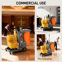 Commercial Janitorial Cart with 3 Tier Shelves, Cleaning Cart with Rubbish Bag and Mop Mount for Hotel Restaurant, Grey