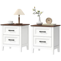 Farmhouse Nightstand Set of 2, Bedside Tables with 2 Drawers, Wood-Effect Top, White