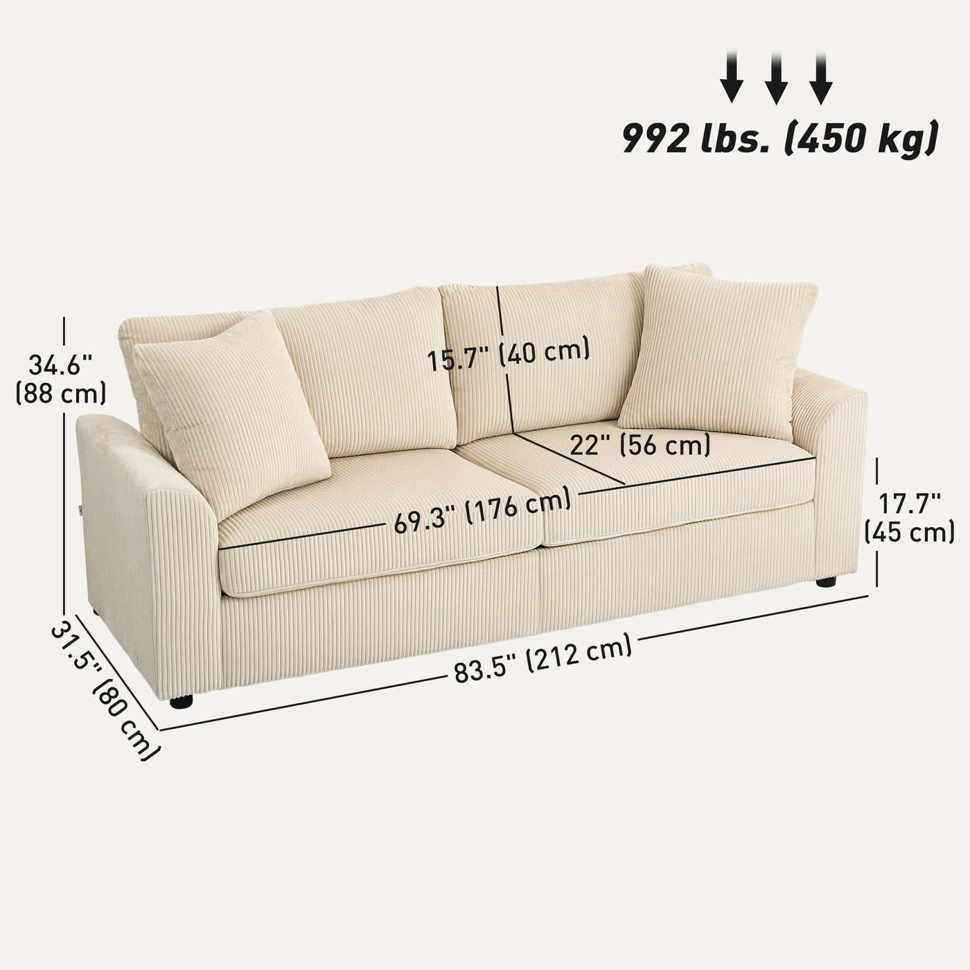 3 Seater Sofa, 83.5" Modern Upholstered Couch with Pocket Spring and 2 Scatter Cushions for Living Room, Cream White