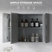 35" x 24" Wall Mounted Mirror Cabinet, Bathroom Medicine Cabinet with Mirror, 3 Doors and Adjustable Shelves, Grey