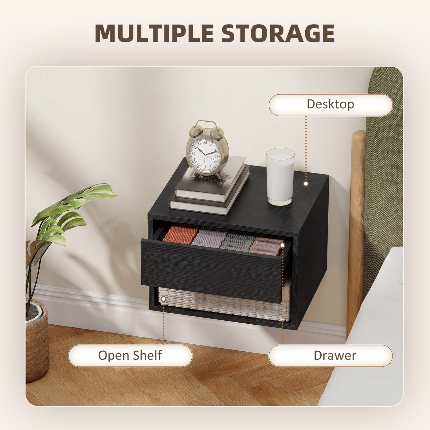 Floating Nightstand Set of 2, Wall Mounted Bedside Table with Drawer for Bedroom Black