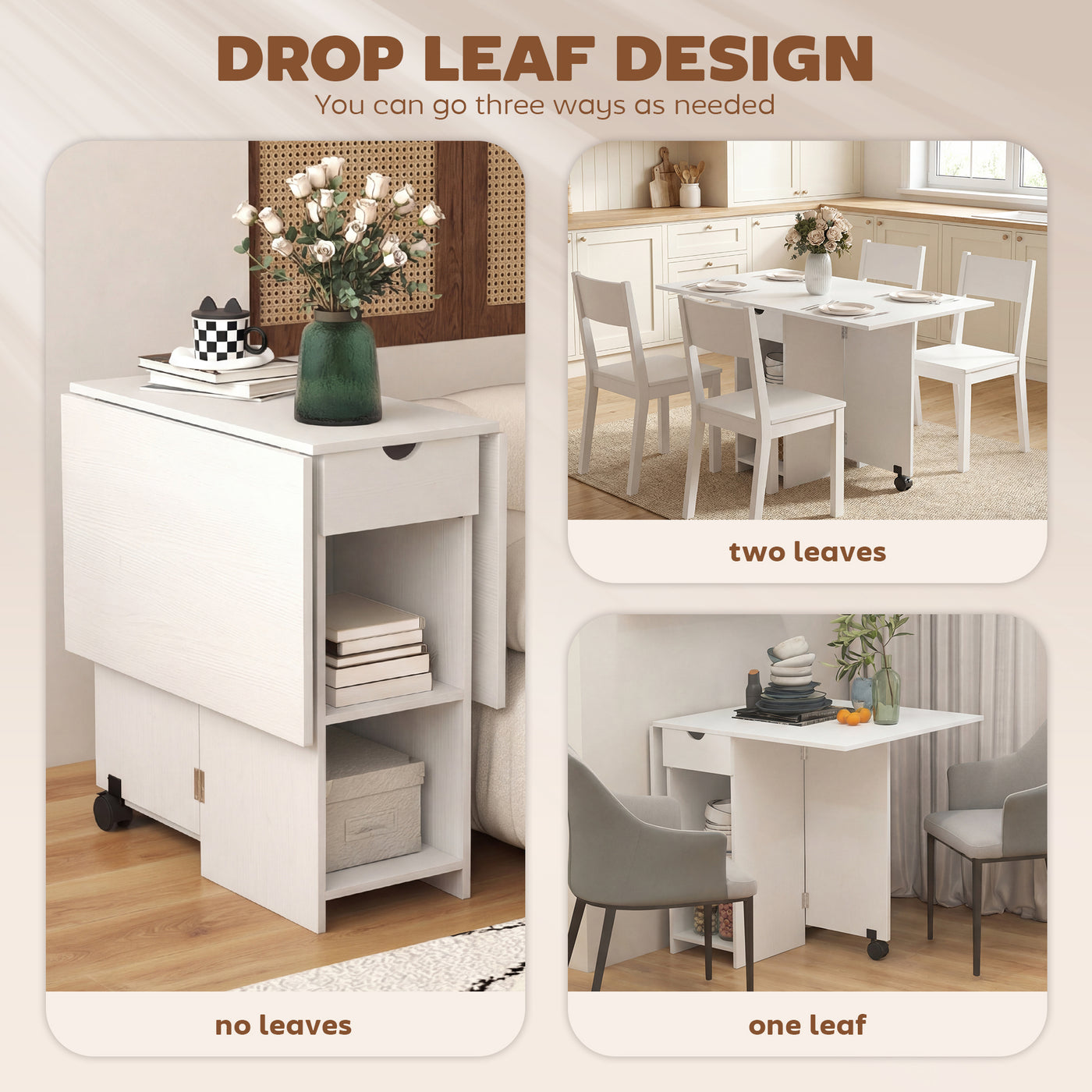 Folding Dining Table with Storage, Drop Leaf Kitchen Table with Drawer and Shelves for Small Spaces, White