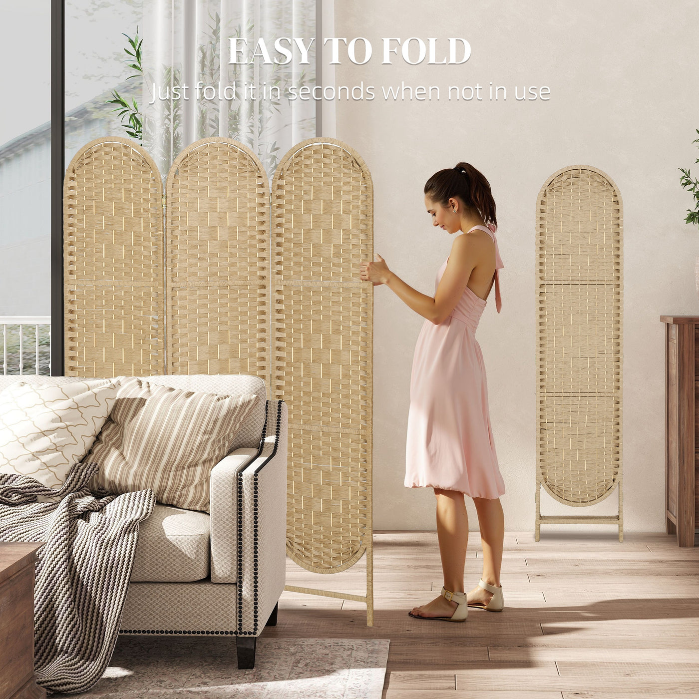 Bohemian Privacy Screen, Folding Room Divider with 3 Panels and Arched Top for Bedroom Living Room Office, Natural Wood