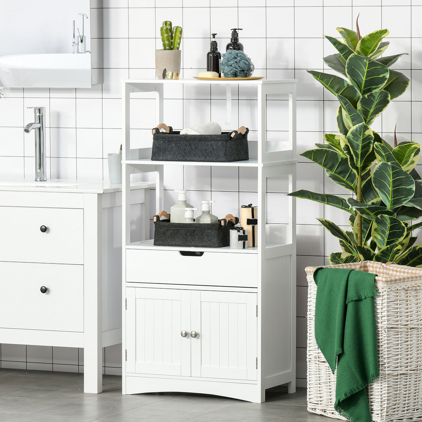 Bathroom Floor Cabinet, Free Standing Kitchen Cabinet with Shelves, Drawer and Doors, for Living Room, White