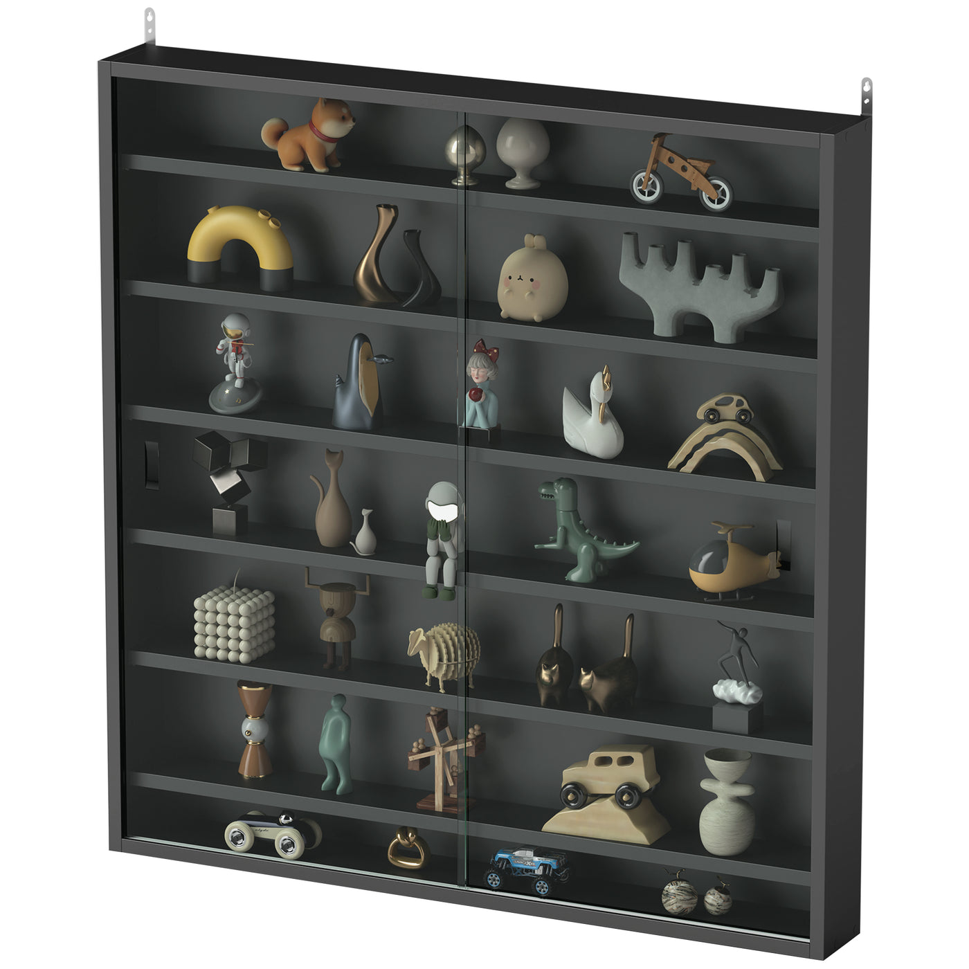 7-Tier Display Cabinet, Shot Glass Display Case, Glass Curio Cabinet with 2 Glass Doors and 6 Adjustable Shelves, Black