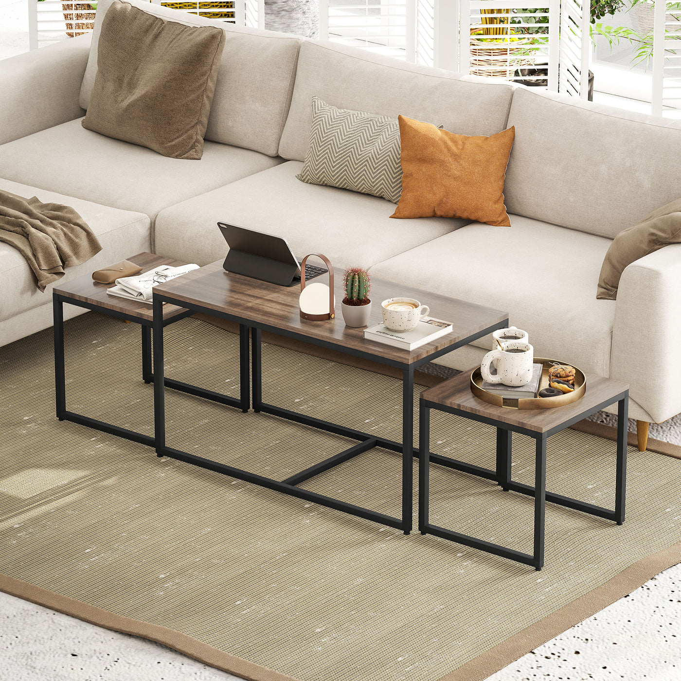 Nesting Coffee Table Set of 3, Modern End Tables with Black Metal Frame for Living Room Home Furniture, Brown
