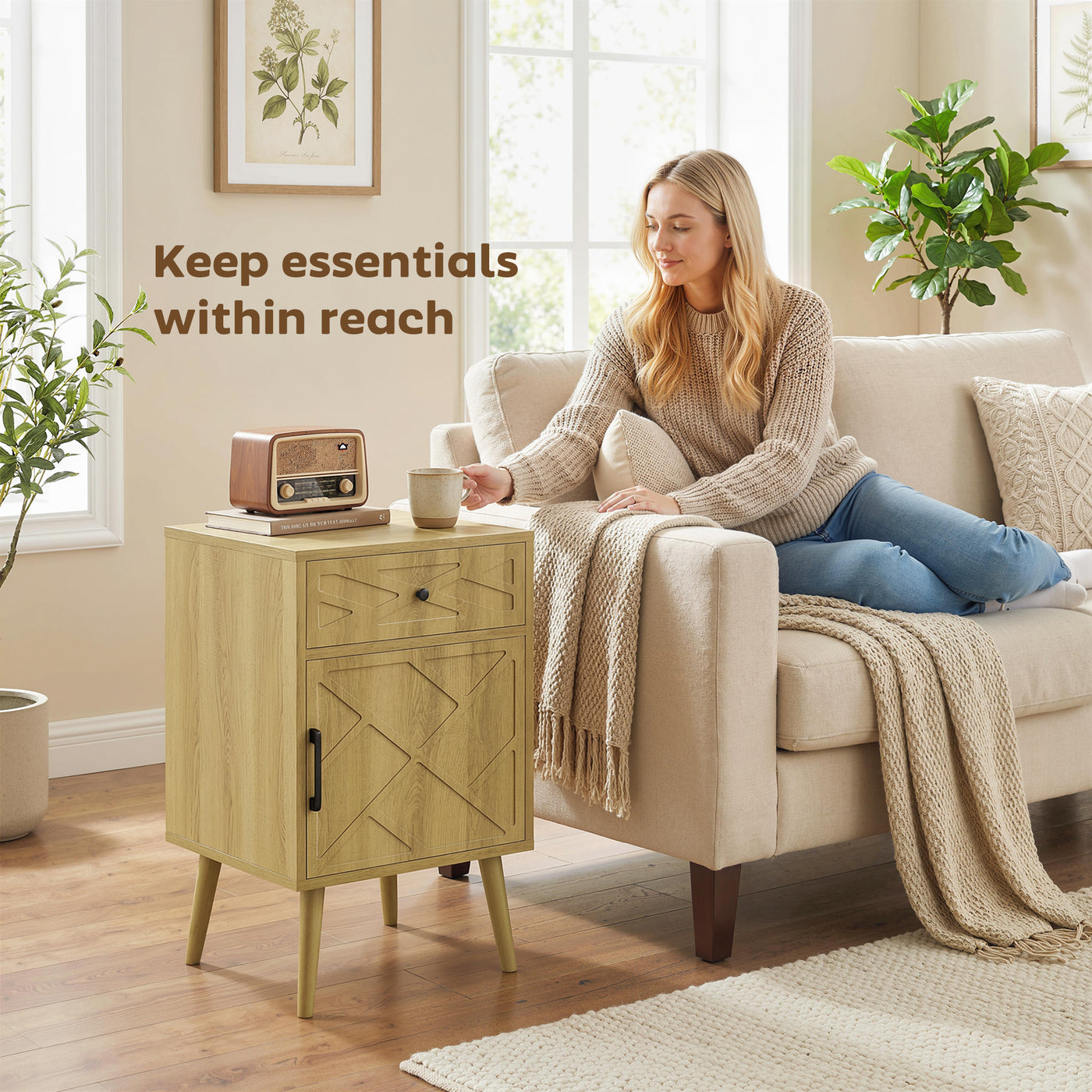 Nightstand Set of 2, Bedside Table Set with Drawer and Cabinet, Side End Table with Storage for Living Room, Oak
