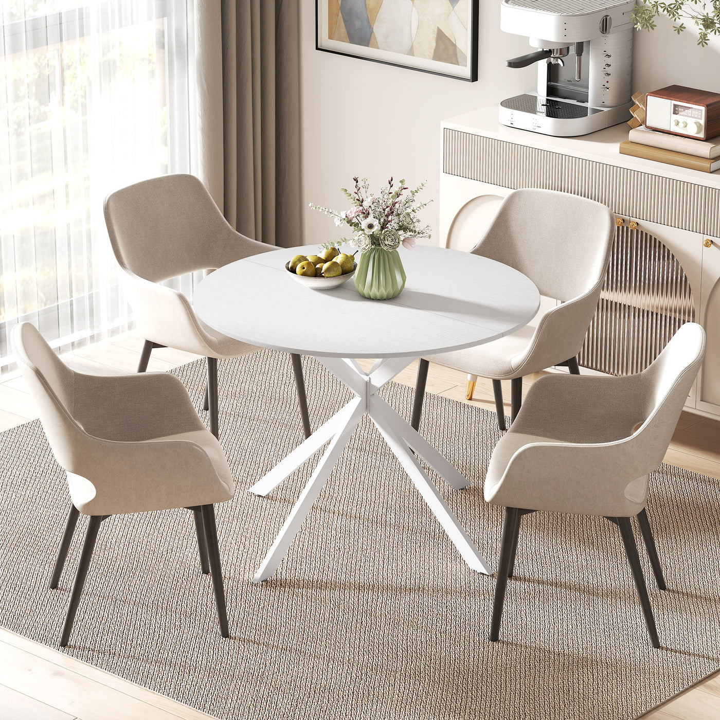 40" Round Kitchen Table for 4, Industrial Dining Table with Steel Legs for Dining Room, White Oak