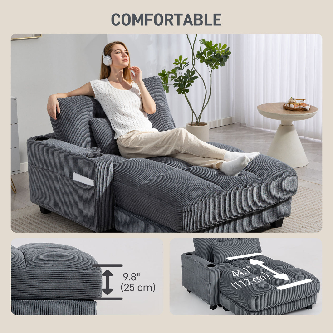 58" Chaise Lounge Indoor, Oversized Corduroy Sofa Bed with 2 Cup Holders, Pillow, Deep Seat Sleeper Couch, Dark Grey