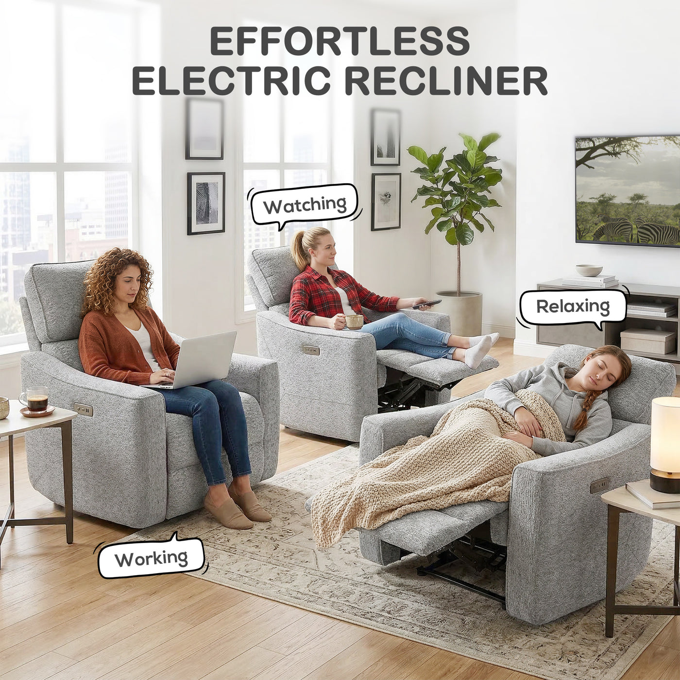 Power Recliner Chair, Chenille Upholstered Recliner Chair with USB Ports, Footrest, Grey