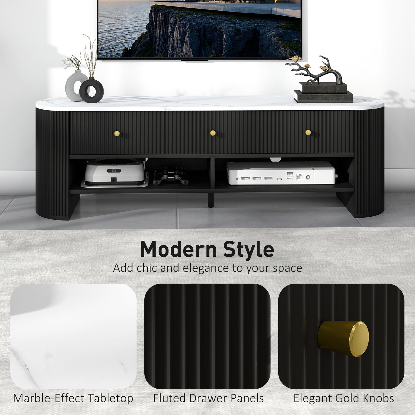TV Stand, Modern TV Table with Marble-Effect Top, 3 Drawers and 2 Open Shelves for 32-65 Inch Television, Black