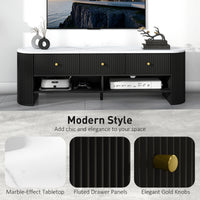 TV Stand, Modern TV Table with Marble-Effect Top, 3 Drawers and 2 Open Shelves for 32-65 Inch Television, Black